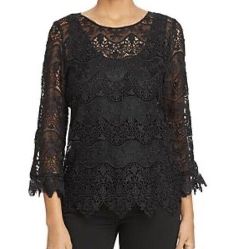 Kobi Halperin Sz XS lace Blouse Sheer 3/4 Sleeve Black Boho Goth Classic Luxury